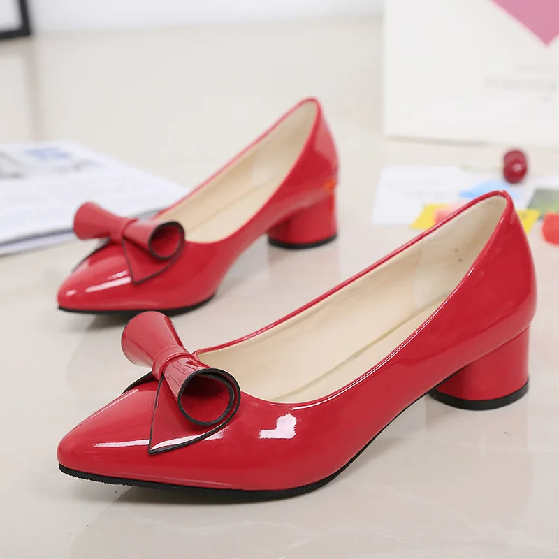 

ladies low heel shoes Spring leather Pointed toe Shoes woman high Red Bow Slip on dress Shoes zapatos mujer Ladies boat shoes