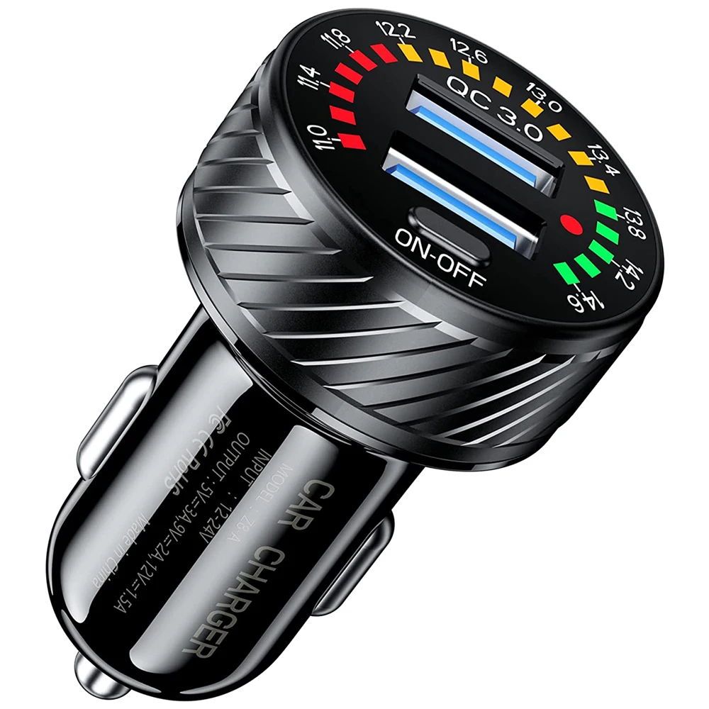 

36W/3A Dual QC3.0 USB Port Quick Car Charger With Colorful Voltmeter & ON/Off Switch For IPhone 12/11/8, For Galaxy S21/20/10/9