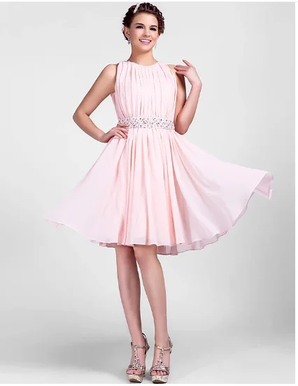 

Cute Pink A-line Chiffon Homecoming Cocktail Party Dress Jewel Neck Sleeveless Knee Length Prom Party Gowns robe de soriee