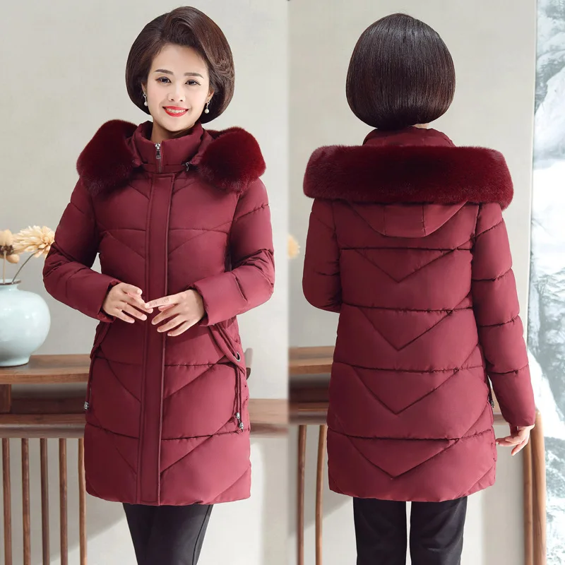 Winter jacket women's mid-length parka temperament mother wear large fur collar hooded cotton jcoat