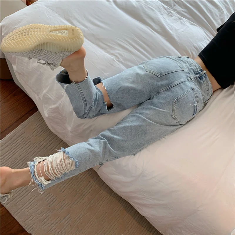 

Varofi Light color large size torn jeans for women summer 2021 new thin, high-waisted, slim straight baggy pants