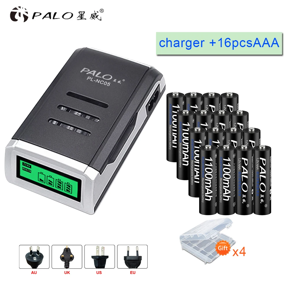 PALO 16 шт. AAA аккумуляторная батарея aaa batteria металл-гидридных или никель 1,2 v батареи с зарядное устройство для lcd дисплея для aa aaa ni-cd батареи