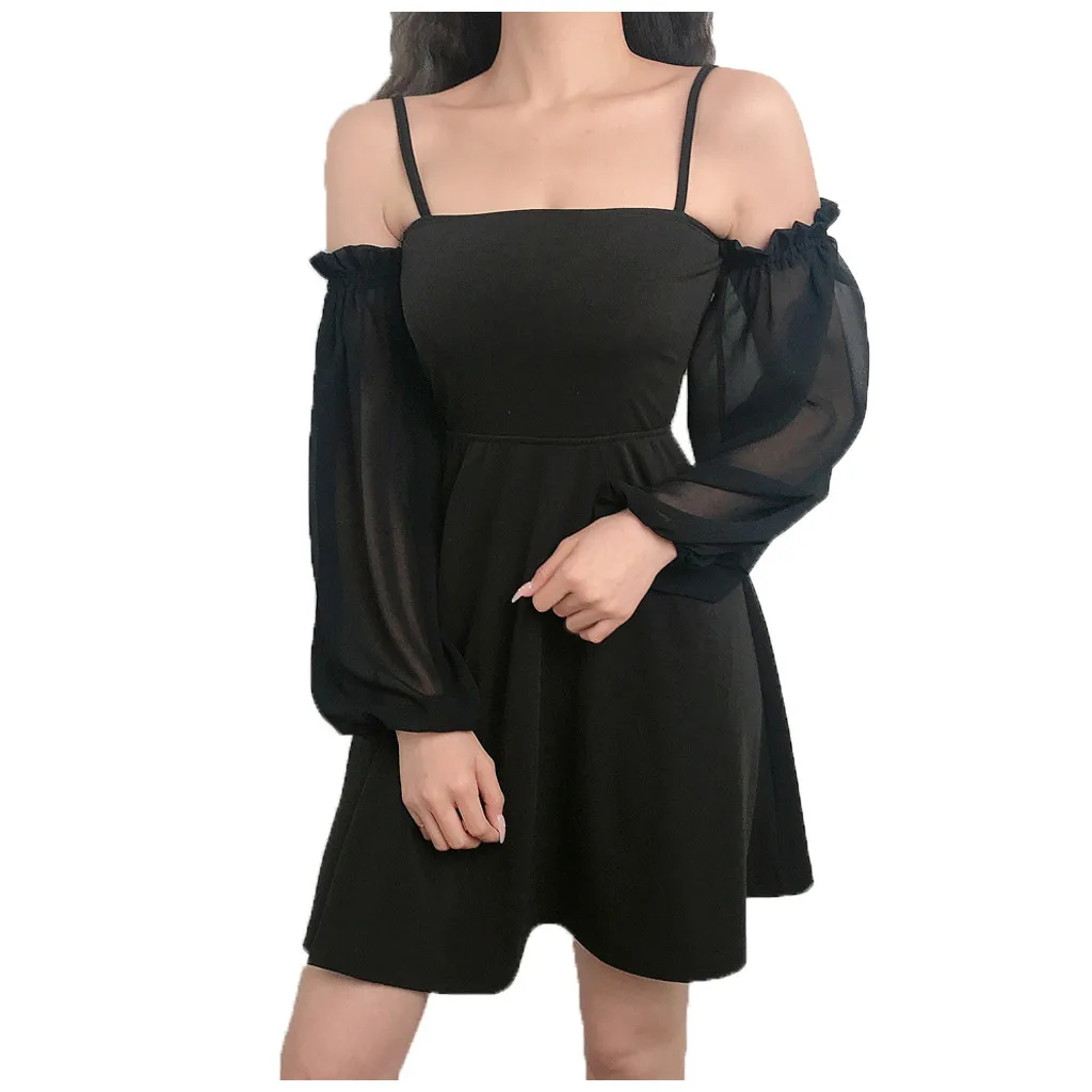 

MIARHB Sexy Dress for Women Summer Mini Dress Black Solid Off the Shoulder Lace Sleeve Slash Neck Strapless Ladies Robe de femme