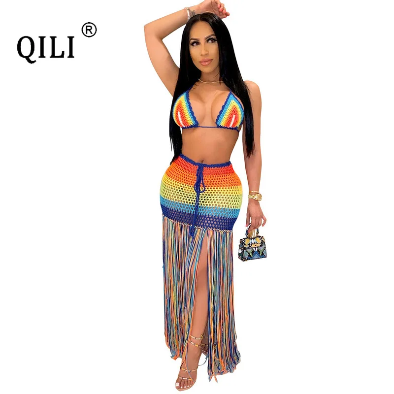 

QILI Sexy Long Tassel Dress Colorful Two Piece Set Dress 2020 New Bandage Dresses for Womens