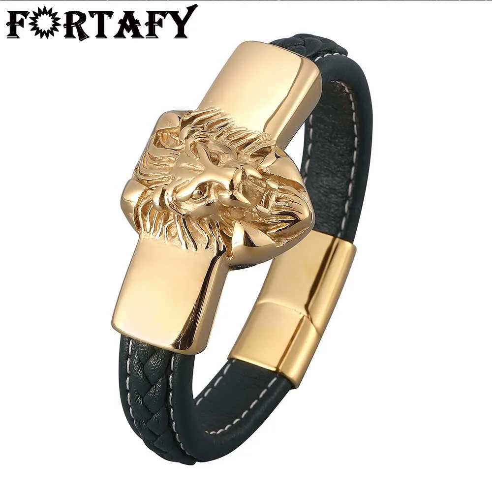 

FORTAFY Green Braided Leather Men Bracelets & Bangles Gold Lion Head Stainless Steel Biker Chain Male Punk Jewelry Gift FR0818