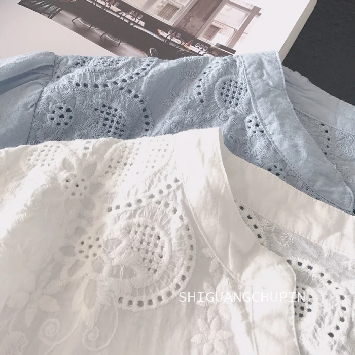 

2020 New Summer Women Blouse Solid Color Hollow out embroidery Loose Cotton Literary Shirt Women Casual Tops