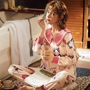 KISBINI женский пижамный комплект осень-зима с длинным рукавом и мультяшным принтом женская домашняя одежда из чистого хлопка женский пижамный комплект