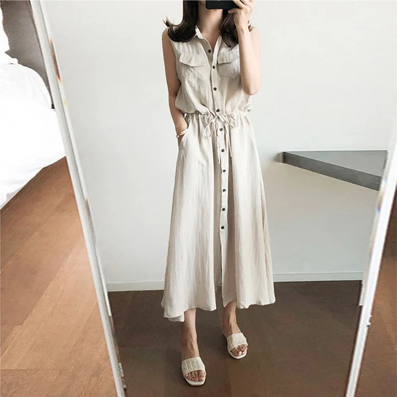 

Johnature New Casual Linen Solid Color Women Dresses 2021 Summer Turn-down Collar Sleeveless Single-breasted Tie Dress