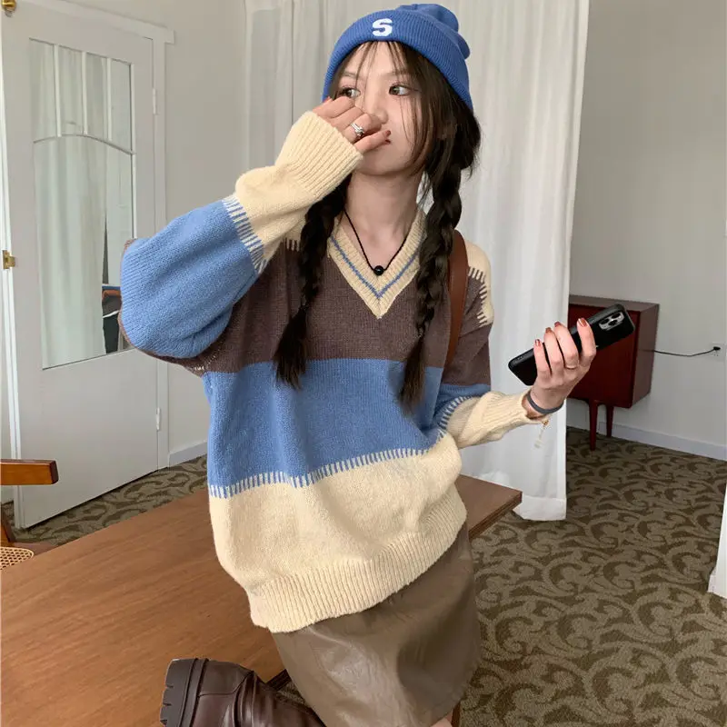 

Retro Soft Waxy Contrast V-neck Design Feeling Loose Stripe Women's Sweater Autumn Winter Lazy Style Pullover Knit Top