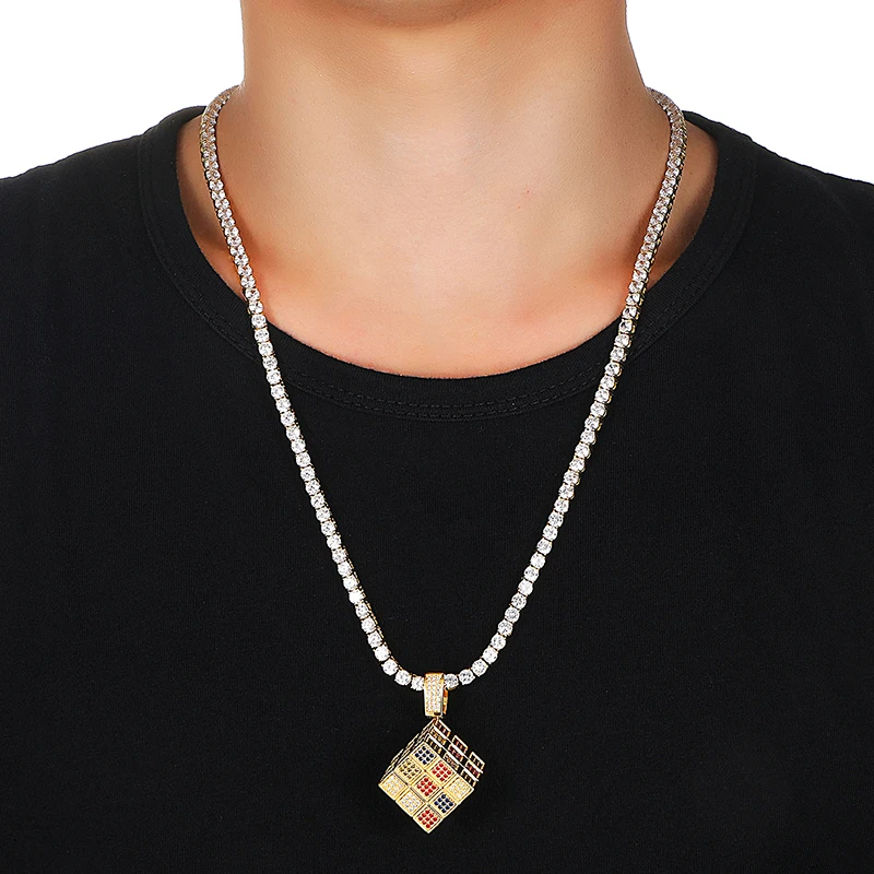 

Multi-colored Cube Pendant With Tennis Chain Bling Cubic Zircon Men's Hip hop Necklace Jewelry Gifts