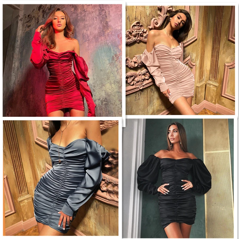 

Women Sexy Bodycon Dress Pure V Neck Off Shoulder Lantern Sleeve Dress Party Night Elegant Mid Christmas Dress Mujer Black Dress