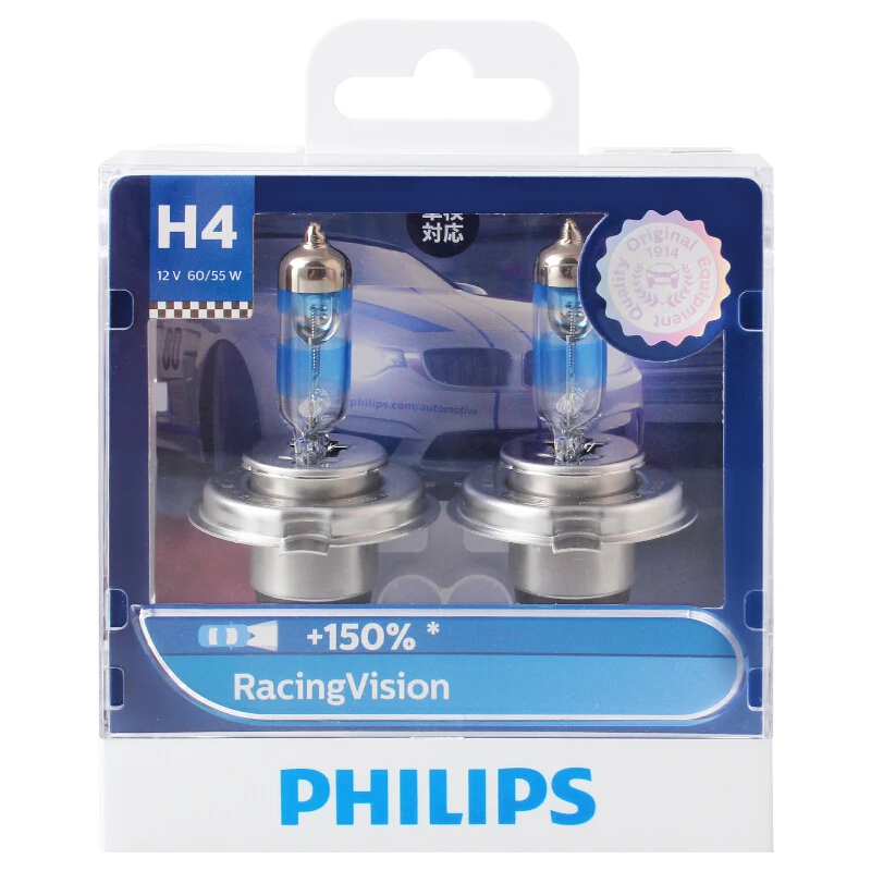 Лампа Philips H4 9003 12 В Racing Vision + 150% более яркая для автомобильных фар галогенная лампа