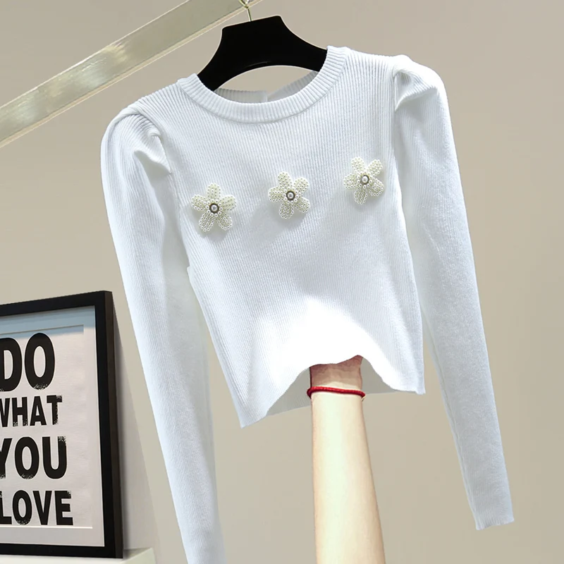 Женский укороченный топ с бусинами Осень-зима 2021 корейский Однотонный свитер