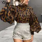 Элегантная блузка Celmia 2021, женские модные пикантные рубашки с леопардовым принтом, с воротником-стойкой и большими рукавами-фонариками, повседневные туники, женские топы