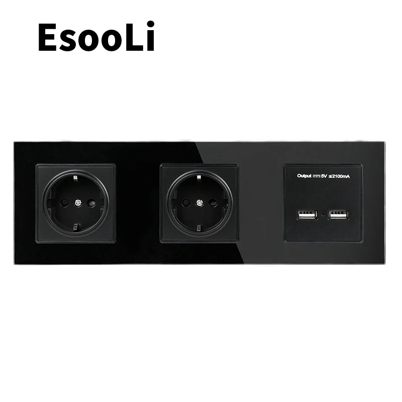 

EsooLi Black Wall Crystal Glass Panel Double Socket 16A EU Electrical Outlet Dual USB Smart Charging Port 5V 2A Output