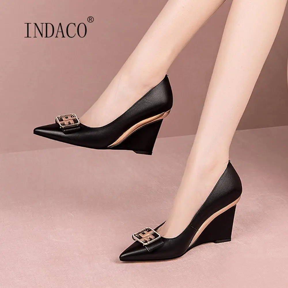 

Fashion Wedge Heels Leather Pointed Toe Pumps Metal Buckle Wedges Shoes For Women Shoes High Heel Party Shoes White 9CM