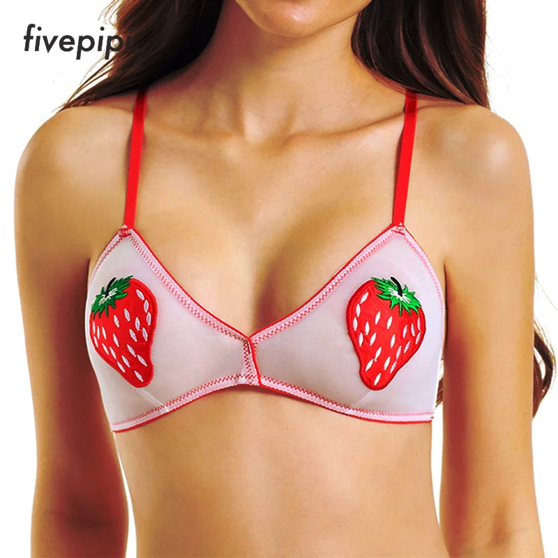 

Sheer Mesh Embroidery Triangle Bralette Unlined Wireless Plunge Fruit Cute Sexy Bra Black Purple Red Yellow Daisy