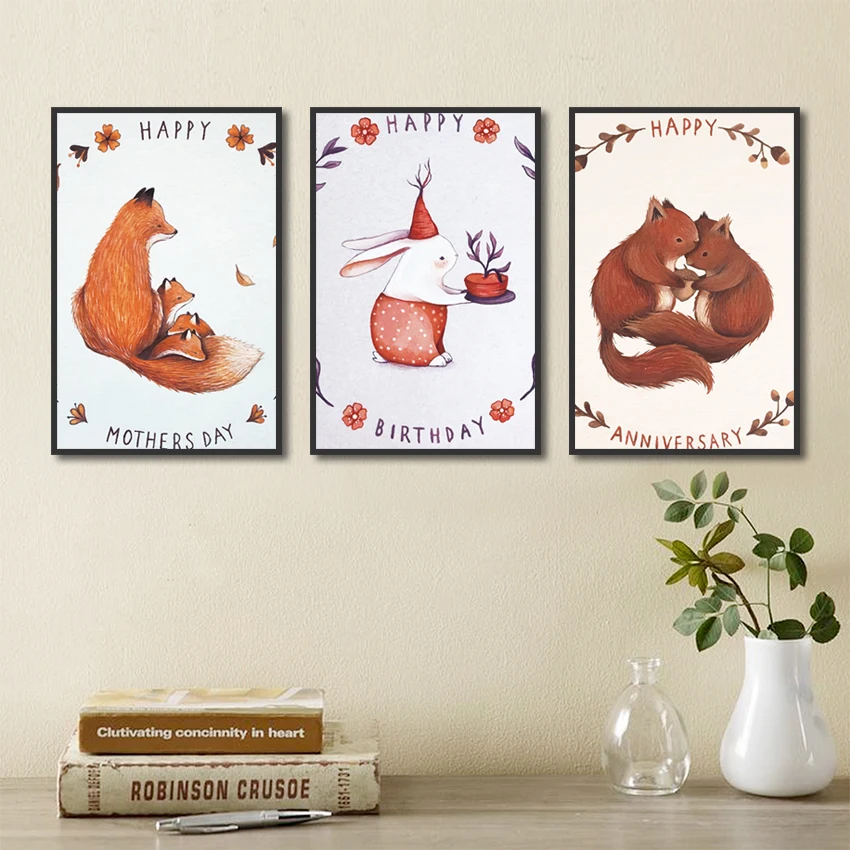 Милый Лисий и кролик плакат с художественным изображением мультяшного животного