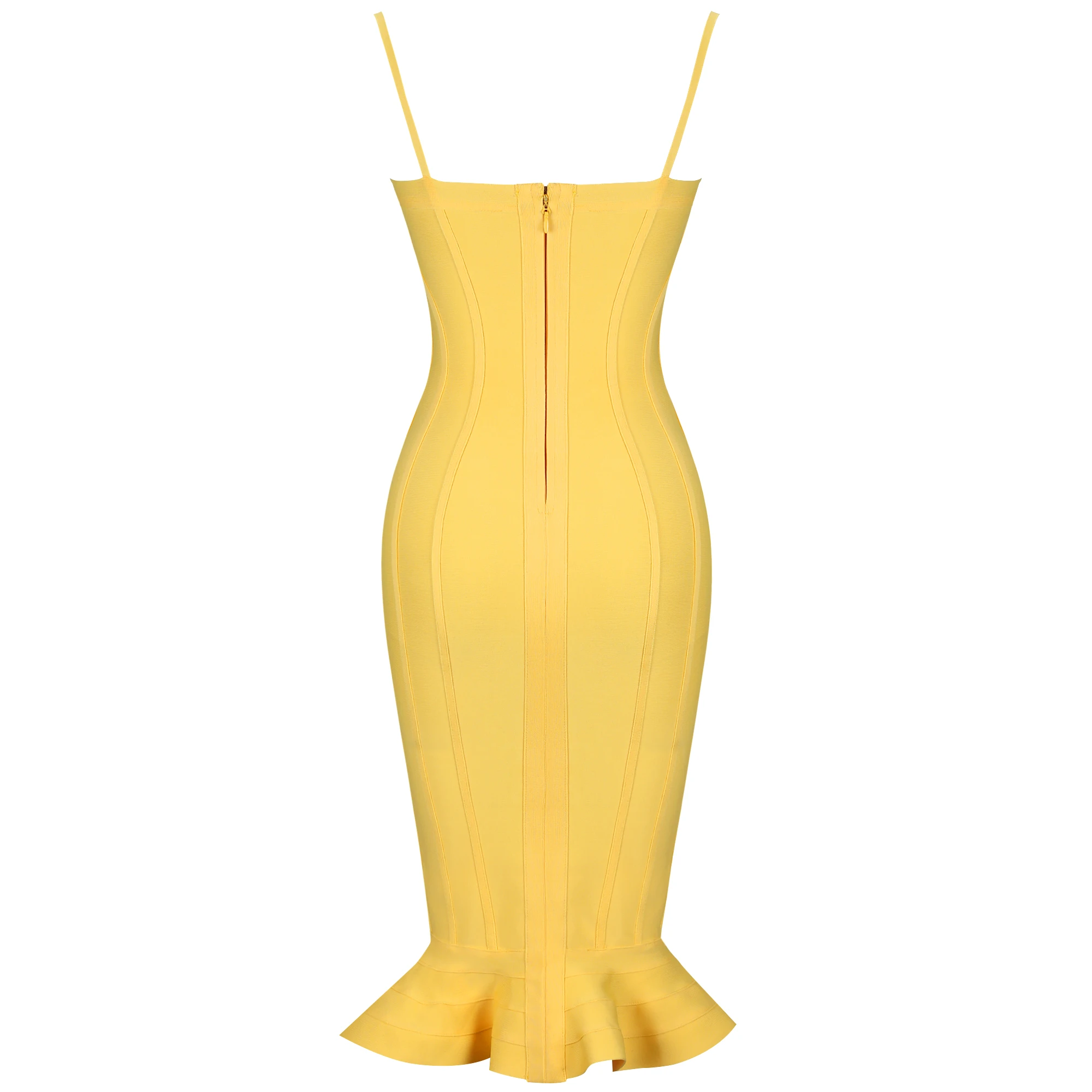 

Maketina Women Celebrity Bandage Dress 2020 Spaghetti Strap Mermaid Bandage Dress Bodycon Yellow Ruffle Party Dress Sexy Club