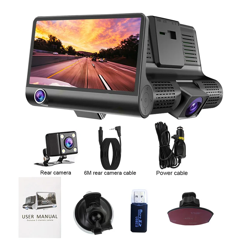 TOSPRA Full HD 1080P Автомобильный видеорегистратор с 3 объективами 4,0 дюймов широкоугольная Автомобильная видеорегистратор двойной объектив с камерой заднего вида автоматический Регистратор