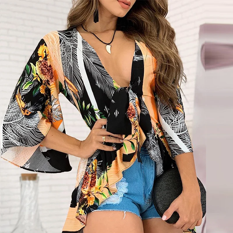 

Summer Sexy V Neck Tie-Up Slim Lady Shirt Fashion Vintage Floral Print Boho Irregular Blouse Women Flare Sleeve Beach Blusa Tops