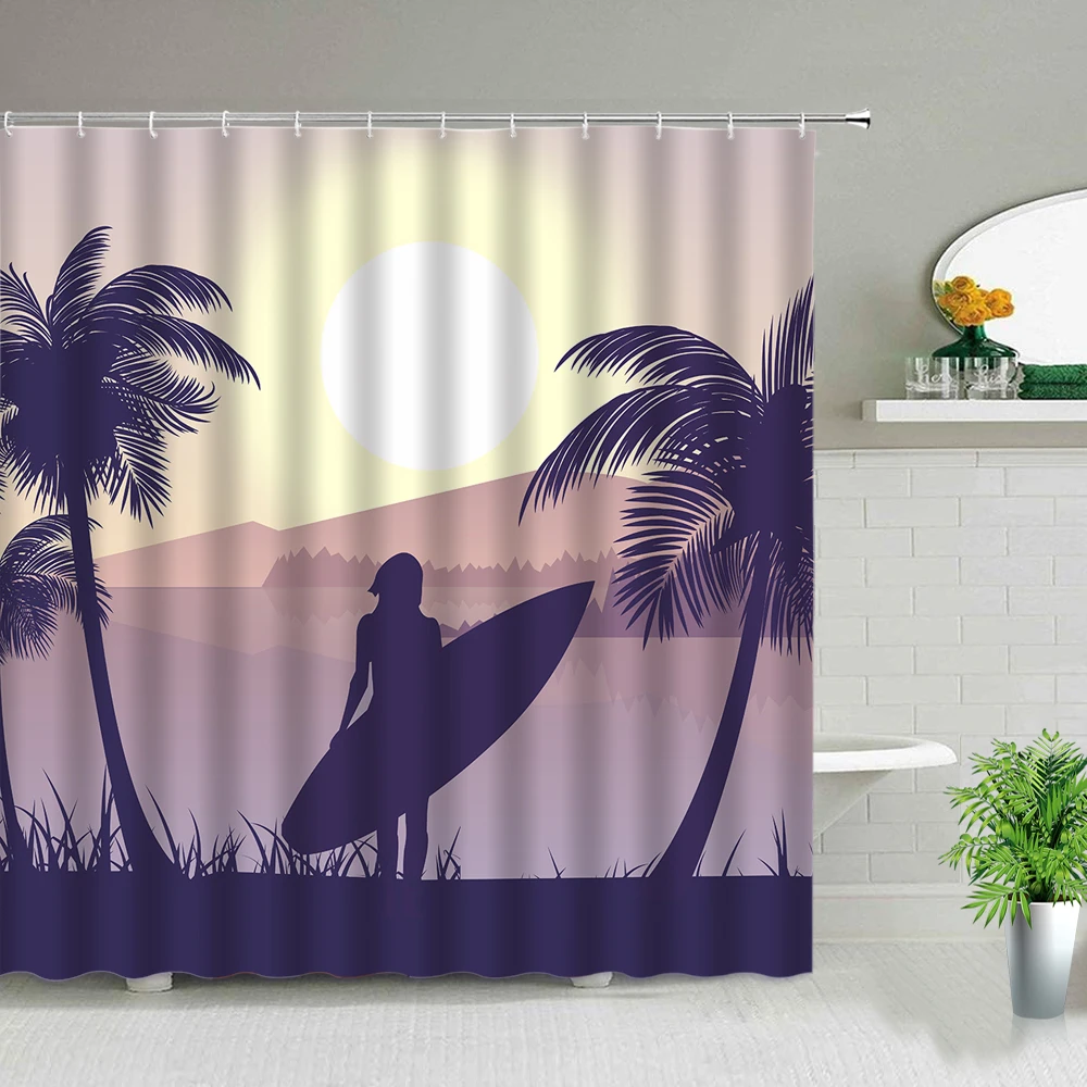 

Surfboard Woman Palm Tree Ocean Beach Scenery Shower Curtains Sea Vacation Landscape Waterproof Fabric Bath Screens With Hooks