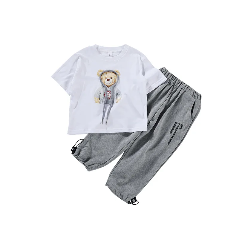 

2021 Summer Parent-Child Wear Girls Round Neck Cartoon Bear Sports Suit