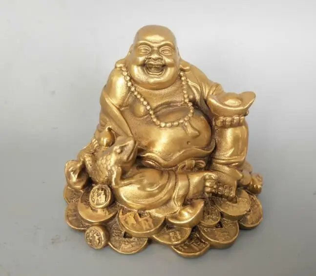 China Pure Brass Golden Toad Maitreya Buddha Statue