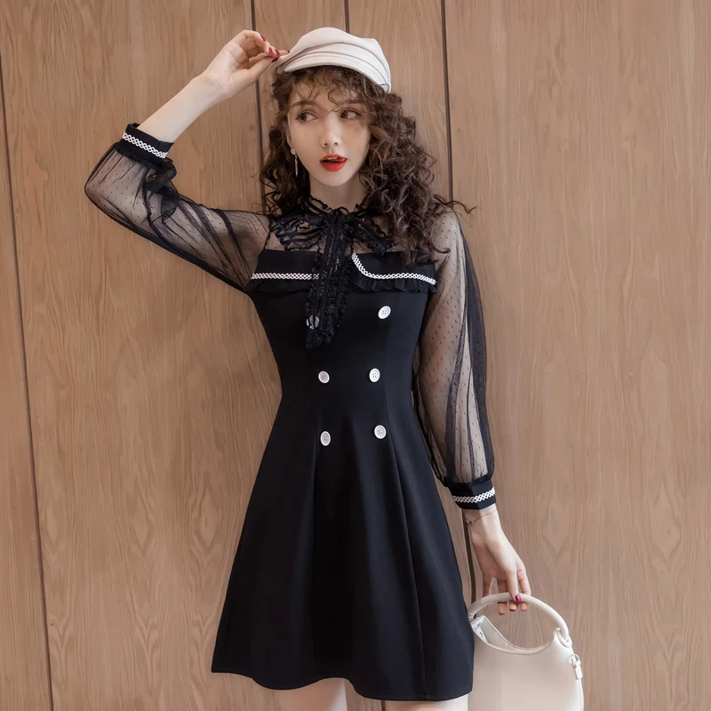 

Spring and Summer High Quality Bronzing Mesh Stitching Dress Temperament Retro A-line Dress Evening Party Dress