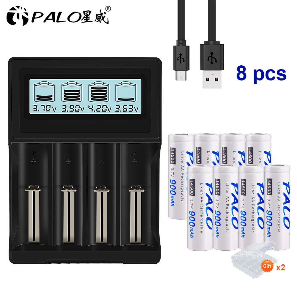 

PALO 3.7V 14500 Lithium rechargeable battery 900mah Li ion rechargeable battery +LCD Smart Charger for 18650 14500 18500 26650
