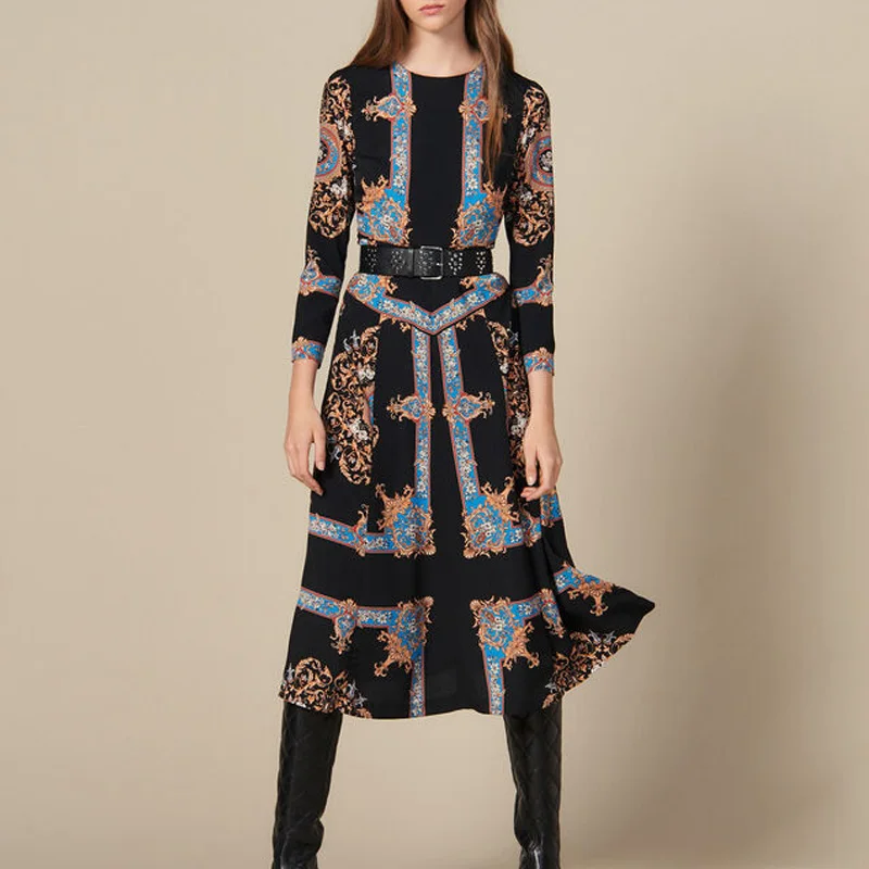 Robe Longue A Imprime Foulard место винтажное платье средней длины для женщин с принтом Lanon o