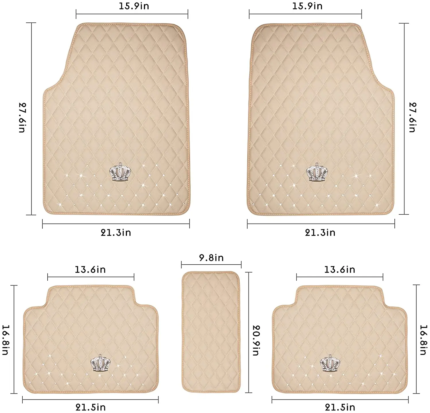 Beige Pu Leather Floor Mats for Car SUV & Truck 5 Pack/Set (Front Rear) Duty Protection Automotive Cushion Crown Diamond Decor |