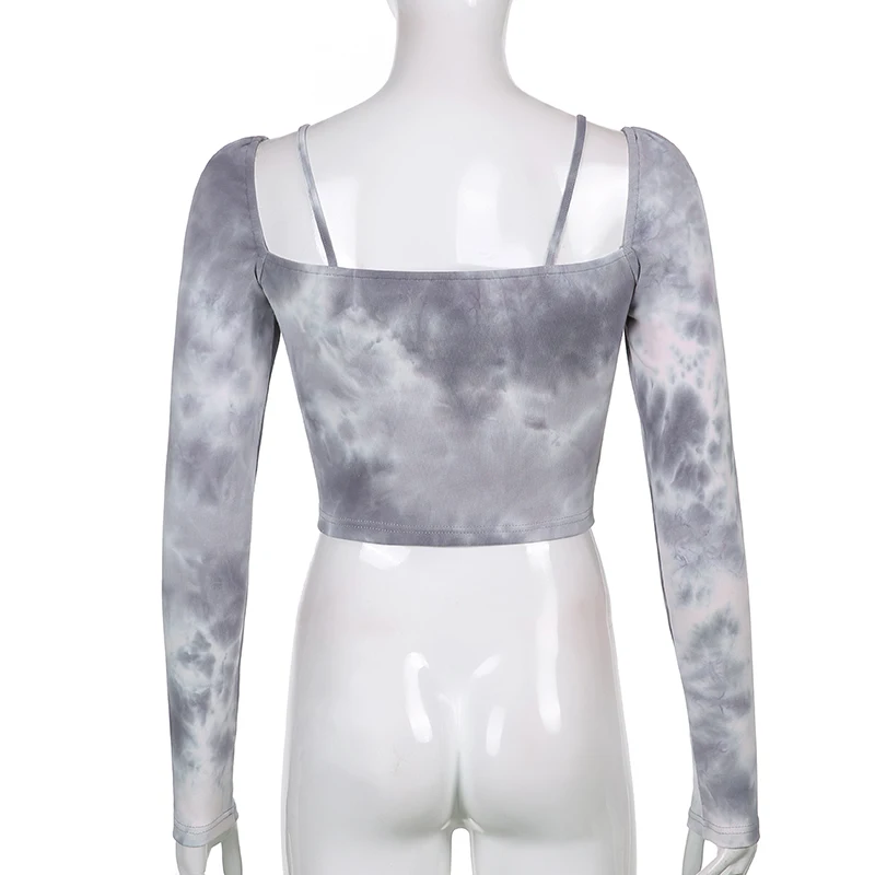 

Rapwriter Y2K Tie Dye Printed Crop Top Bandage Patched Tshirt Autumn Long Sleeve Top Casual Streetwear Fashion Women Clothing