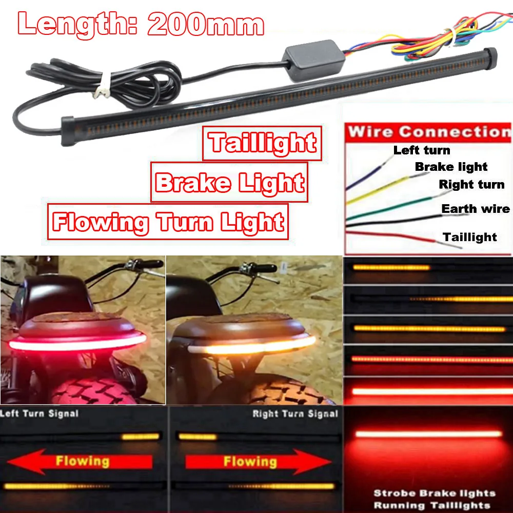 

1pc 20cm Motorcycle Taillights Brake Lamps Bar Sequential Turn Signal Strip Lights Red Amber Lamp Bar LED Strips Accessories