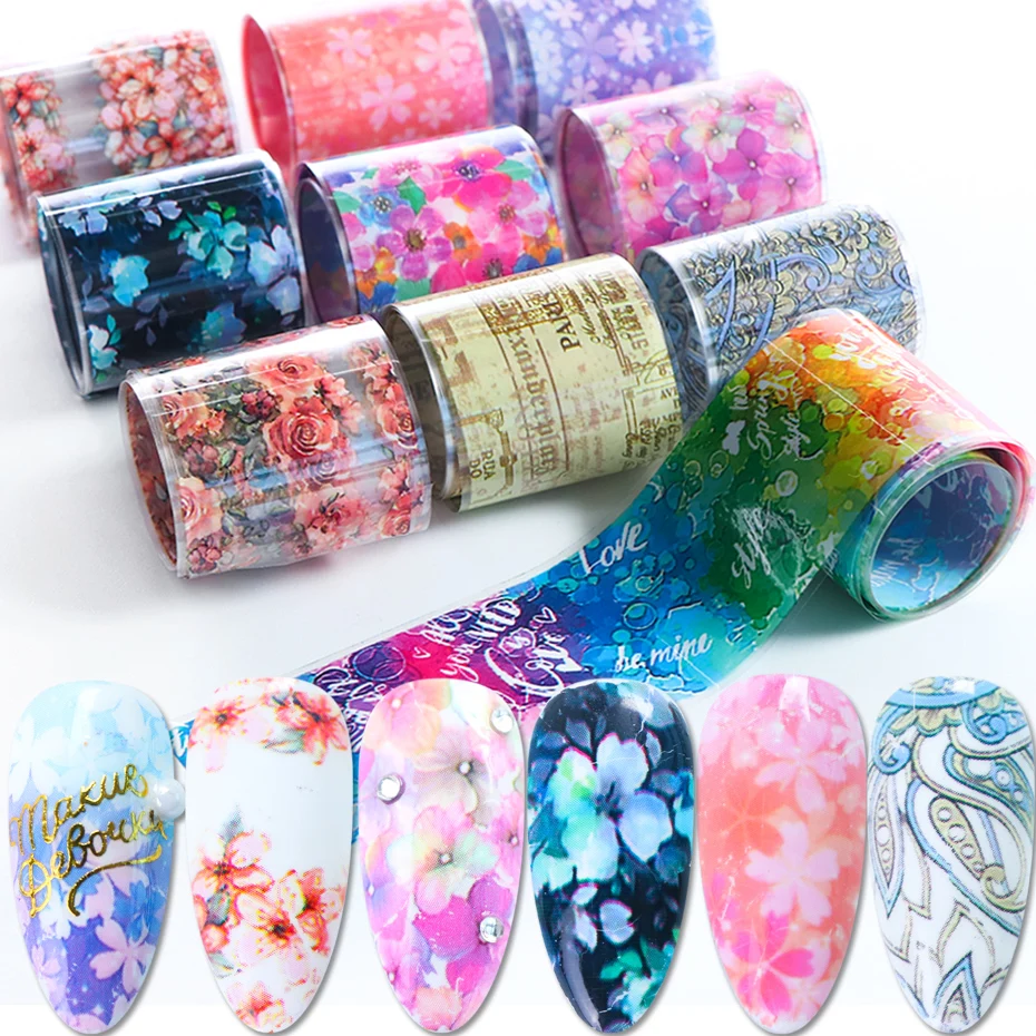 10 рулонов цветов Фольга для ногтей градиент цветение переводные наклейки Париж