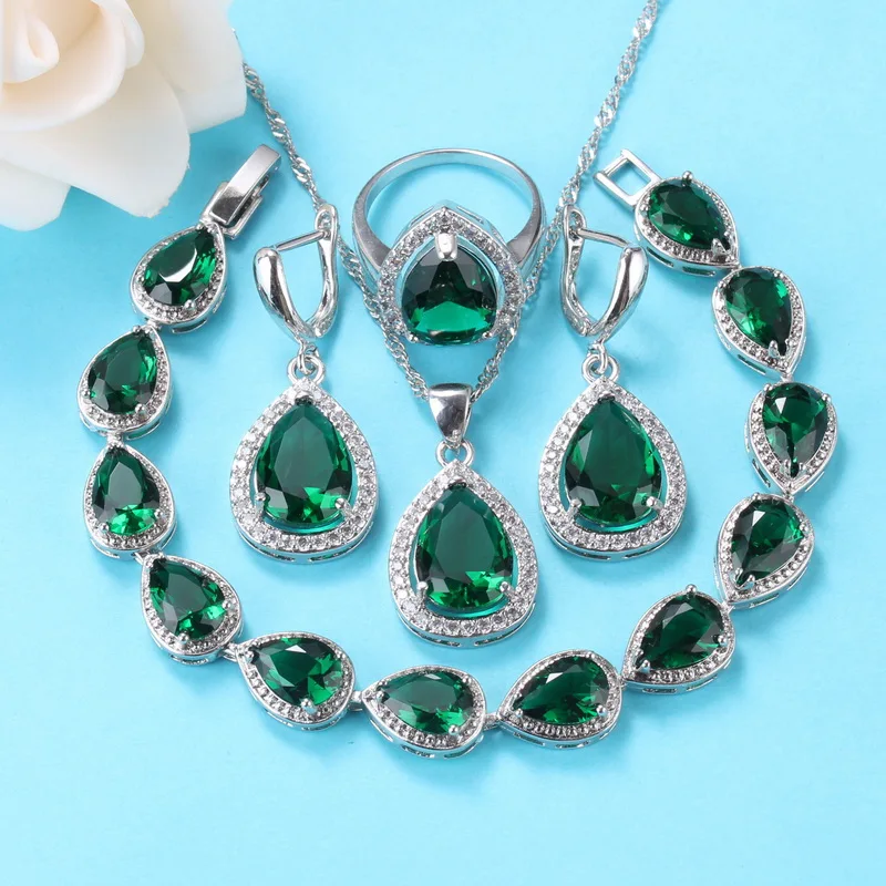 11.11 Wholesale Price 925 Silver 7-Colors Wedding Jewelry Sets With Natural Stone Green Necklace And Earrings Bracelet Ring |