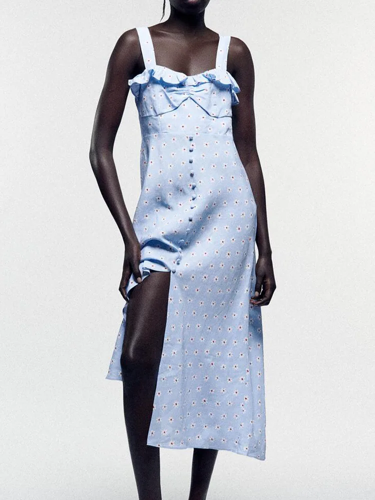 

ZA summer new style women's sweet wide-shoulder strap V-neck folds and laminated decoration flower print dress