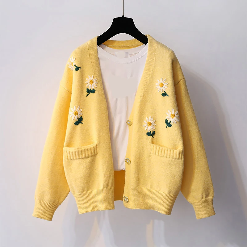

Autumn Flower Sweater Cardigan Women's 2021 New Loose Embroidered OuterWear Lazy Wind Knitwear Jacket Autumn Tops Cardigan Mujer