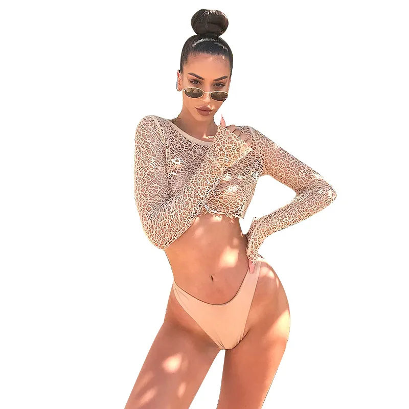 

Fashion Women White Hollow Sexy T-shirts Long Sleeve See Through Mesh Sheer Party Clubwear Tops 2021 Short O-neck Navel Tshirts