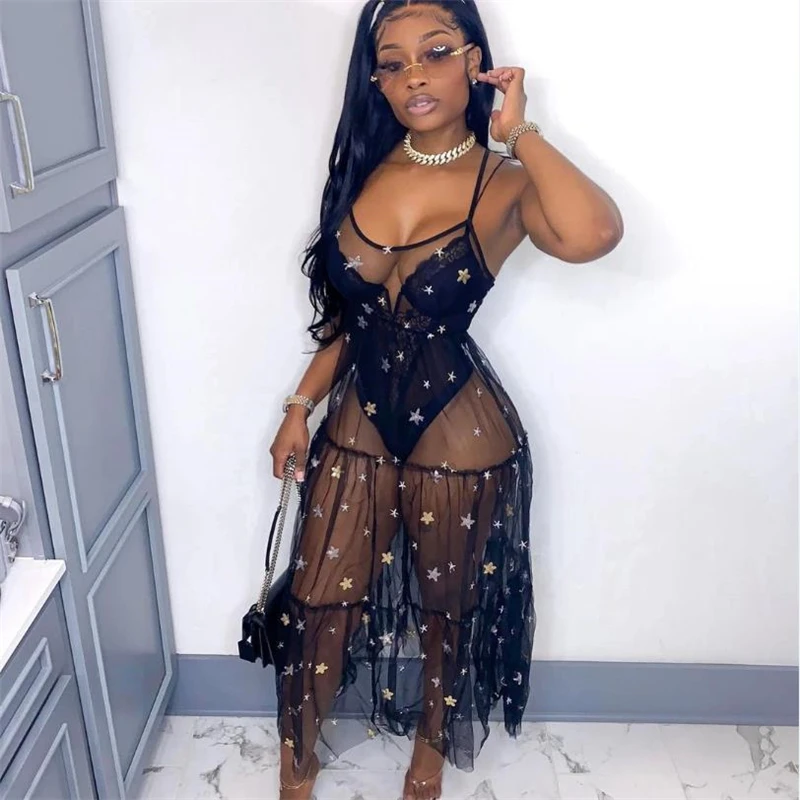 

Женское платье с блестками Dourbesty, летнее прозрачное Сетчатое платье на бретелях, пикантное пляжное платье