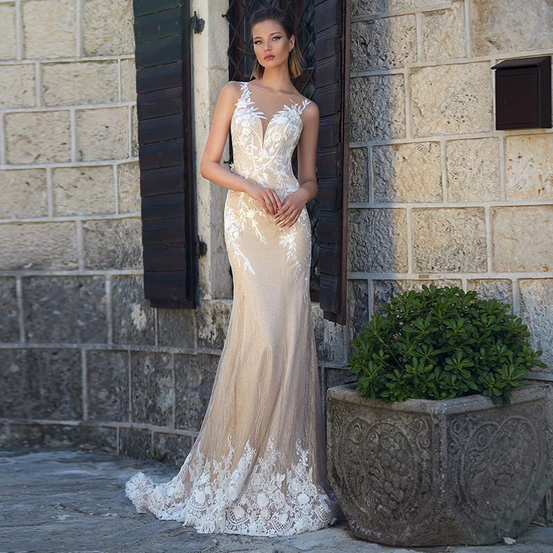

Elegant O-neck Lace Mermaid Wedding Dress 2021 Champagne Sweep Train Applique Custom Made Sleeveless Bridal Gowns