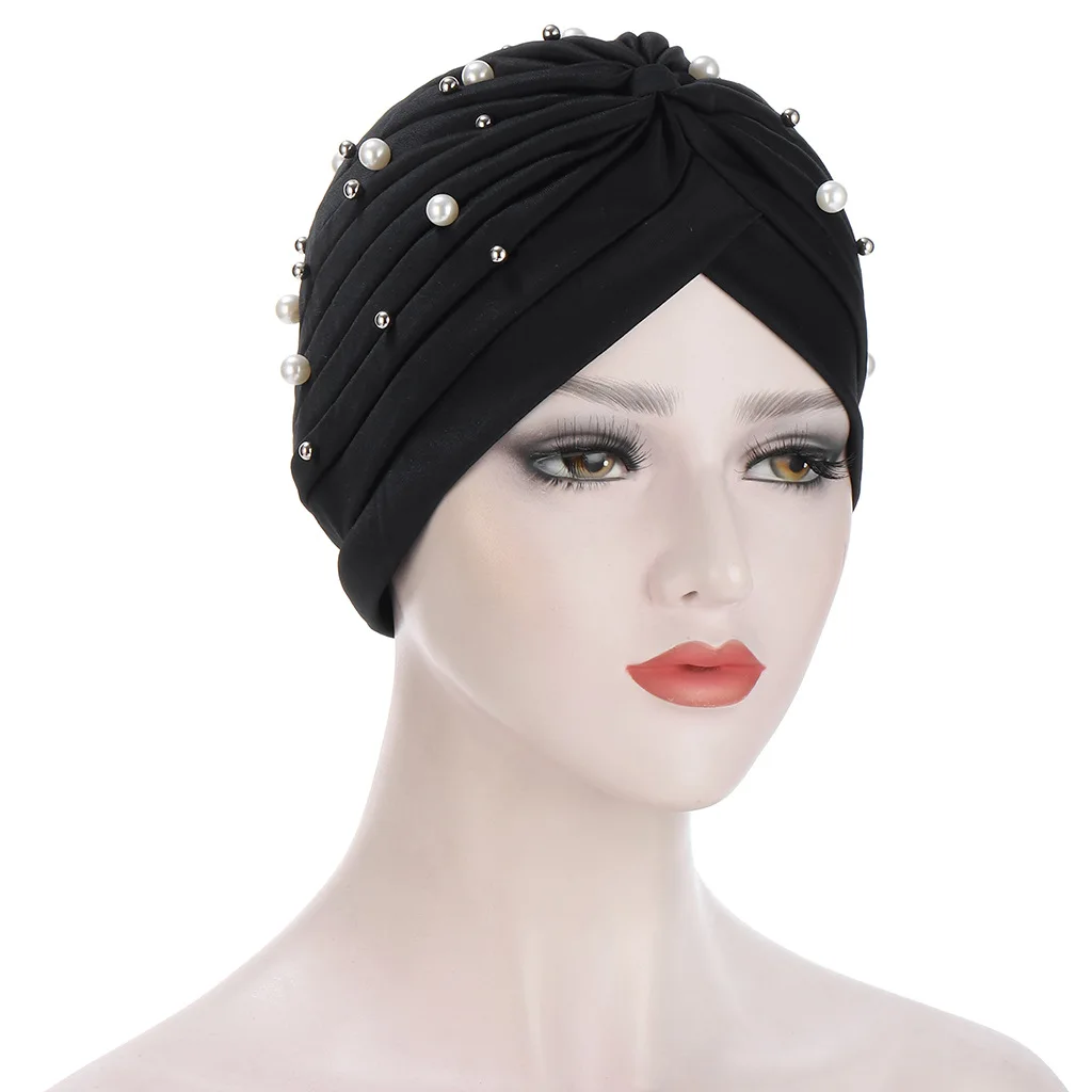 

European and American Fashion Pleated Women's Headgear Indian Hat Big and Small Pearl Muslim Headdress Headtie
