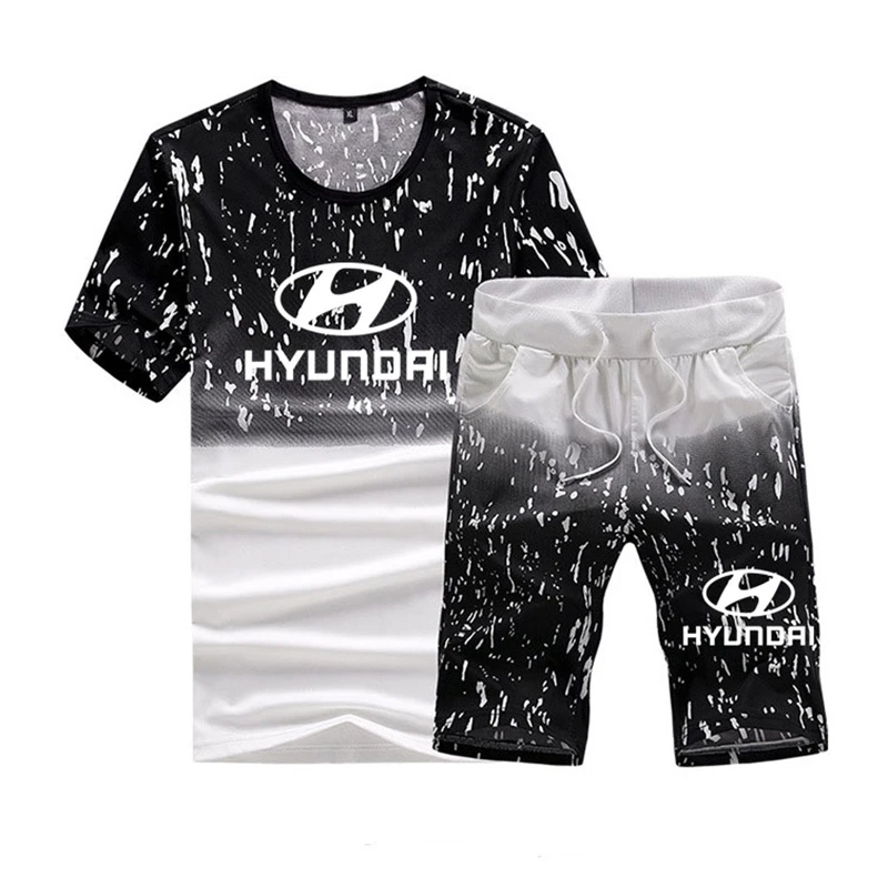 

Summer Hyundai Car Logo Printing short sleeve Casual Cotton High Quality Men's short sleeve + pants 2-piece suit