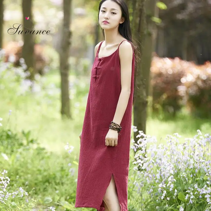 Женское однотонное платье в китайском стиле повседневное свободное без рукавов