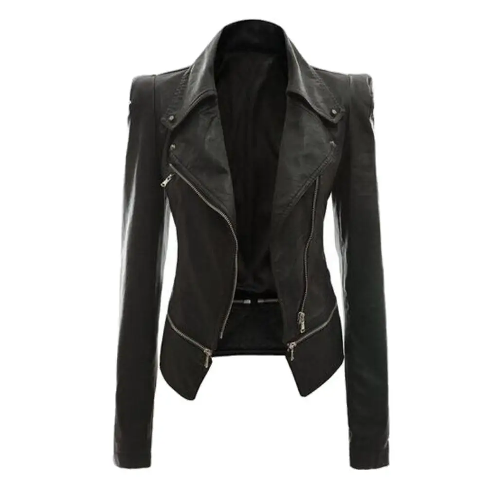 

Women Autumn zipeer Soft Leather Jacket Turn-down Collar Casual Pu Motorcycle Black Punk Outerwear