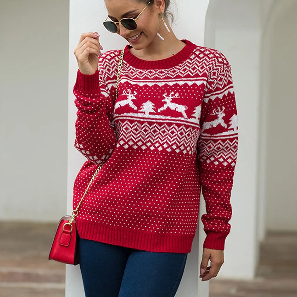 Winter O-Neck Sweater 2019 New Women Christmas Knitted Pullover Female Floral Dot Print Long Sleeve Jumper Sweaters#1018 | Женская