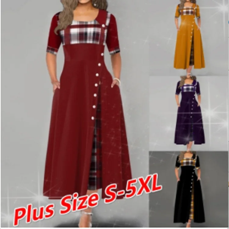

Plus Size 4xl 5xlvWomen Elegant Long Plaid Print Party Dresses Irregular Ladies Vintage Button Dress Patchwork A-Line