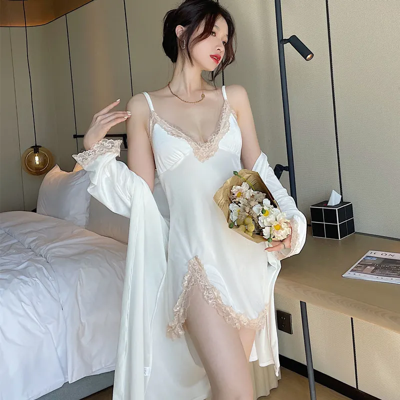 

Velour Women Kimono Bathrobe Gown Sexy Split 2PCS Robe Set Velvet Sleepwear Lace Trim Nighty&Robe Set Sleep Set V-neck Homewear