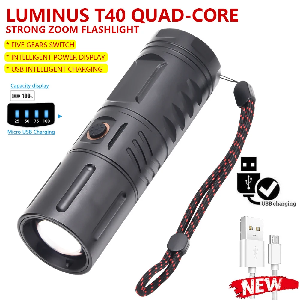 

T40 LED Flashlight Rechargeable Zoomable Torch Light 5 Modes Aluminum Lightweight Camping Fishing Lamp