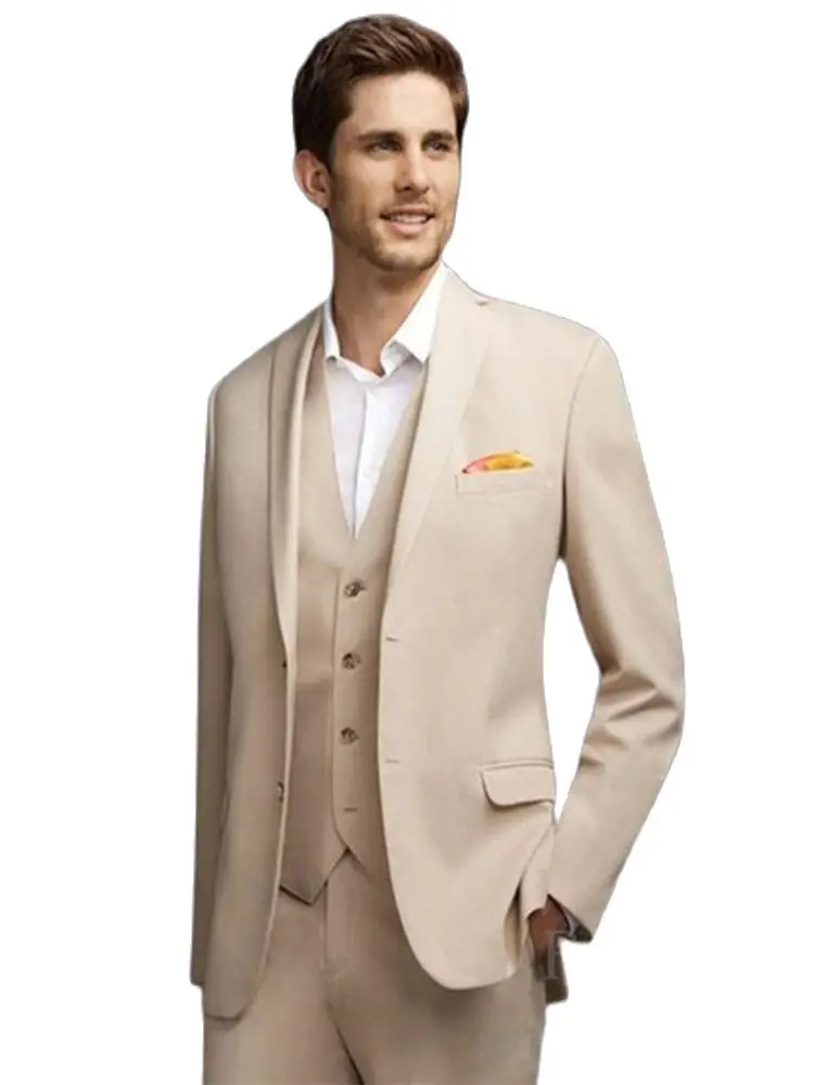 2022 New Groomsmen Notch Lapel Groom Tuxedo Slim Fit Beige Man Suit For Wedding Best Blazer Trousers Men's Jacket+Pants+Vest | Мужская